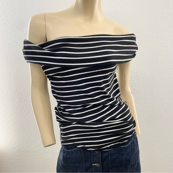 Free People Black and White Off-Shoulder Striped Blouse- L - Picture 8 of 13